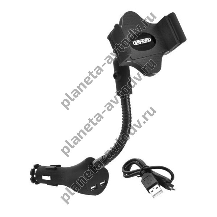 Держатель телефона "SKYWAY" S00301025 в прикур. + 2 USB (ш58-85мм,360) черный